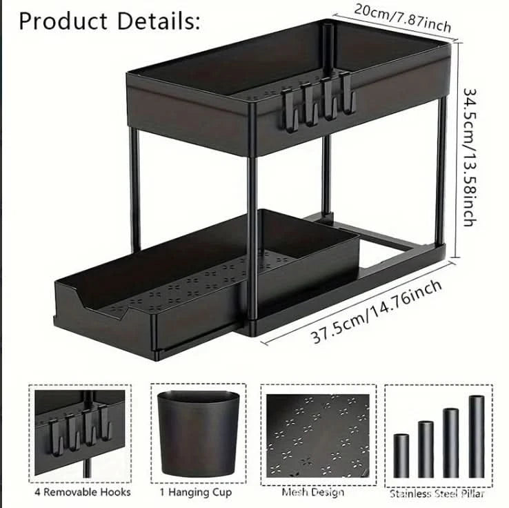 2-Tier Under Sink Organizer with Sliding Baskets & Hooks for Kitchen and Bathroom Storage 6