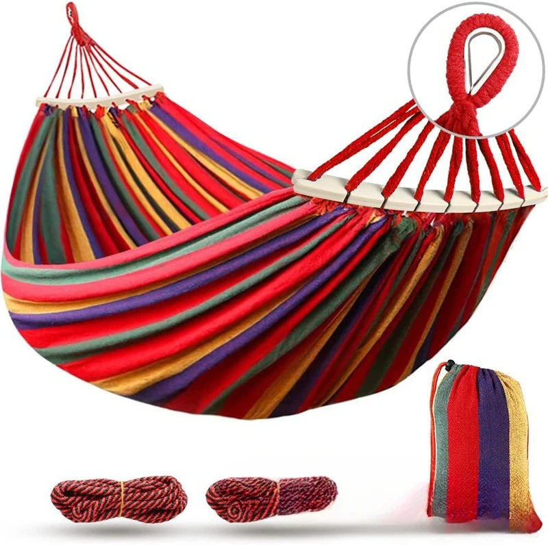 ComfortNest - Double Canvas Hammock with Curved Wooden Poles for Outdoor Relaxation 6
