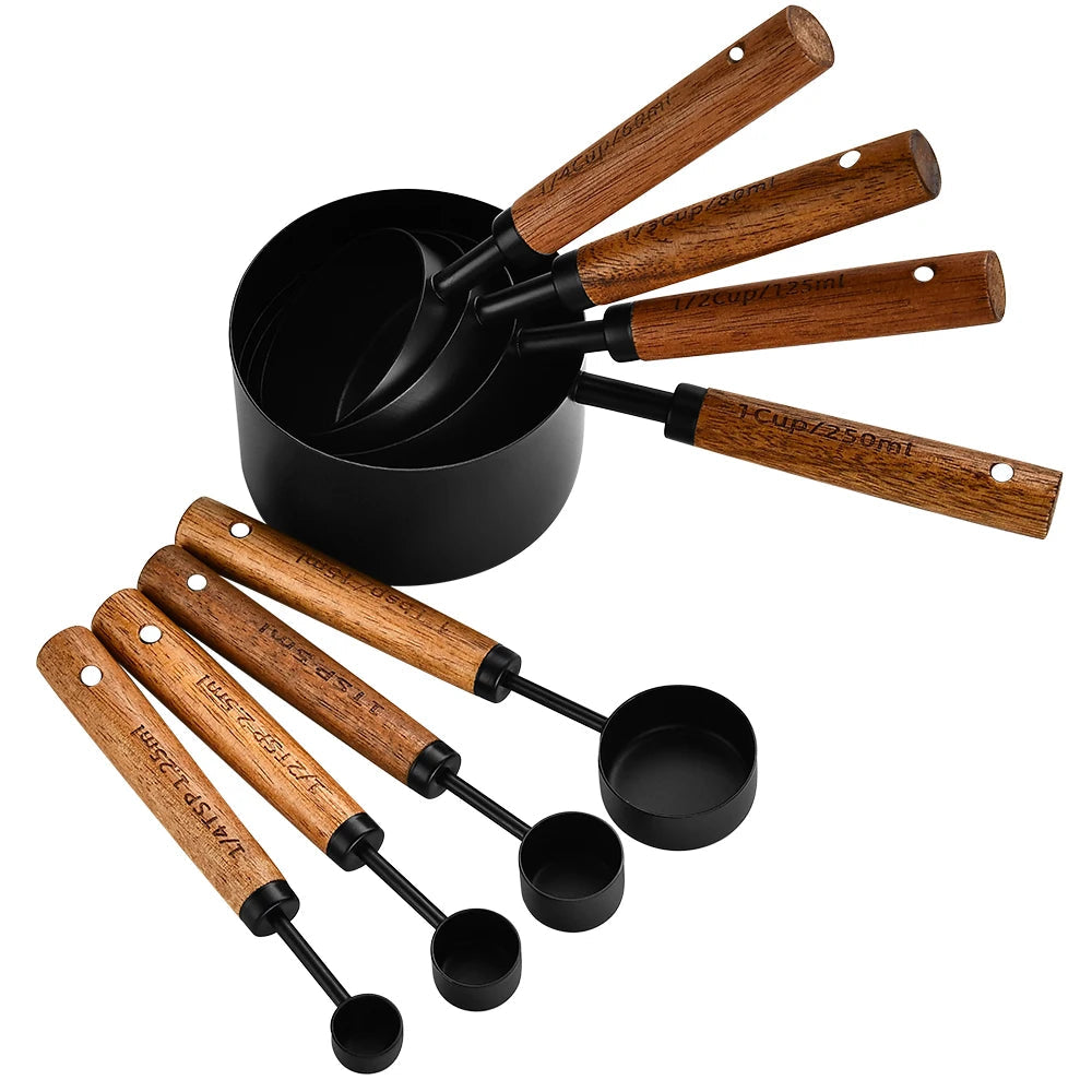 Elegant Gold Wooden Handle Stainless Steel Measuring Cups & Spoons Set 14
