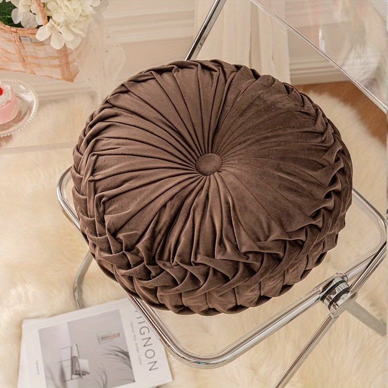 Elegant Round Velvet Cushion - Soft Plush Fabric with Pleated Design & Center Button 18