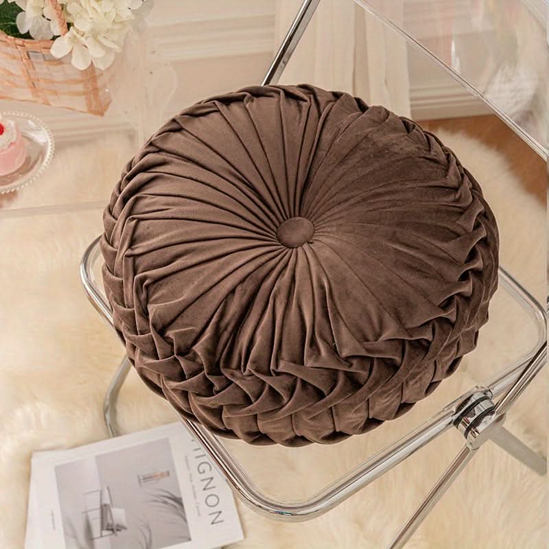 Elegant Round Velvet Cushion - Soft Plush Fabric with Pleated Design & Center Button 18