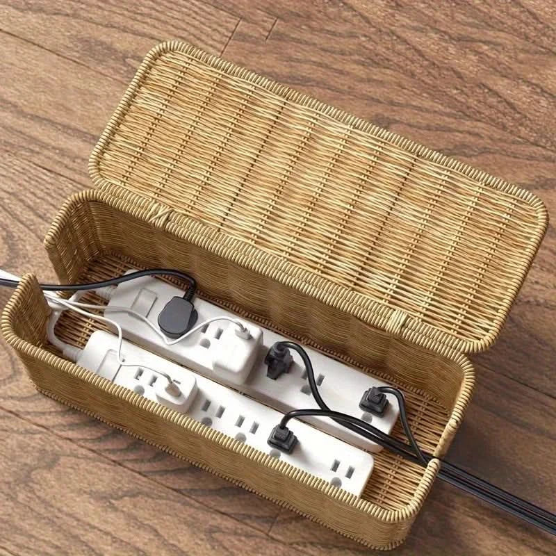 Hand-Woven Rattan Cable Organizer Box - Durable Multi-Compartment Cord Management Solution 2