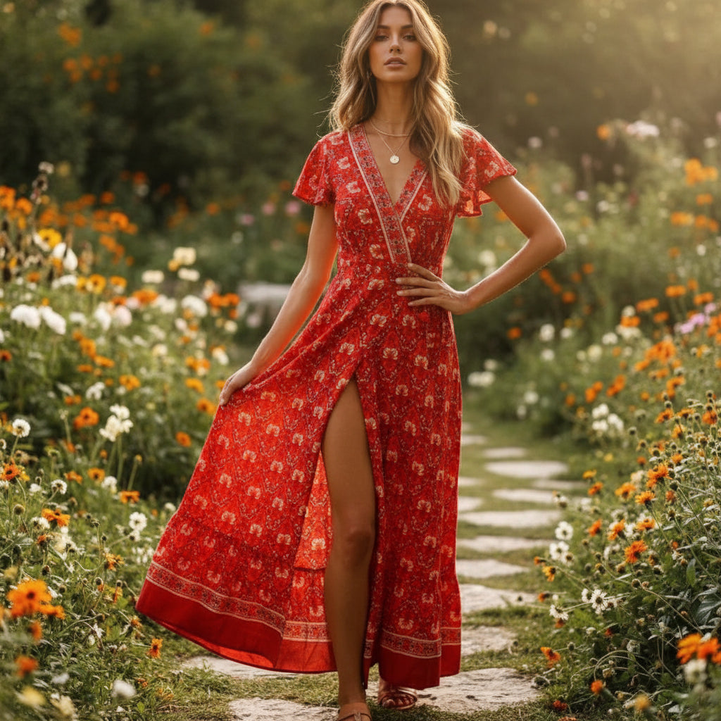 Happie Queens - Floral Print Bohemian Maxi Dress with Bat Sleeves 5