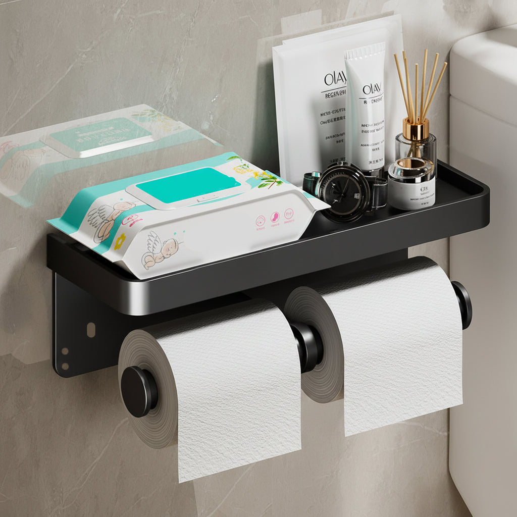TOILET ROLL - Wall-mounted aluminum toilet paper holder with storage drawer design