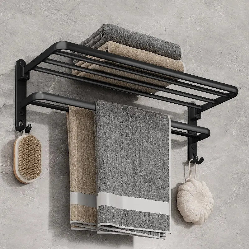 Matte Black Folding Towel Rack - Space-Saving Wall-Mounted Holder with Hook 5