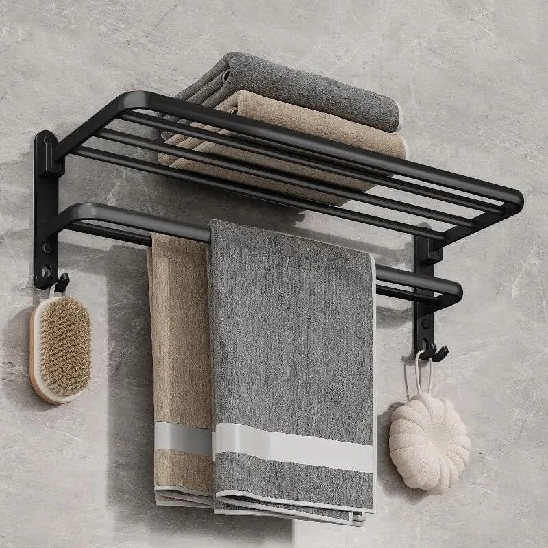 Matte Black Folding Towel Rack - Space-Saving Wall-Mounted Holder with Hook 5