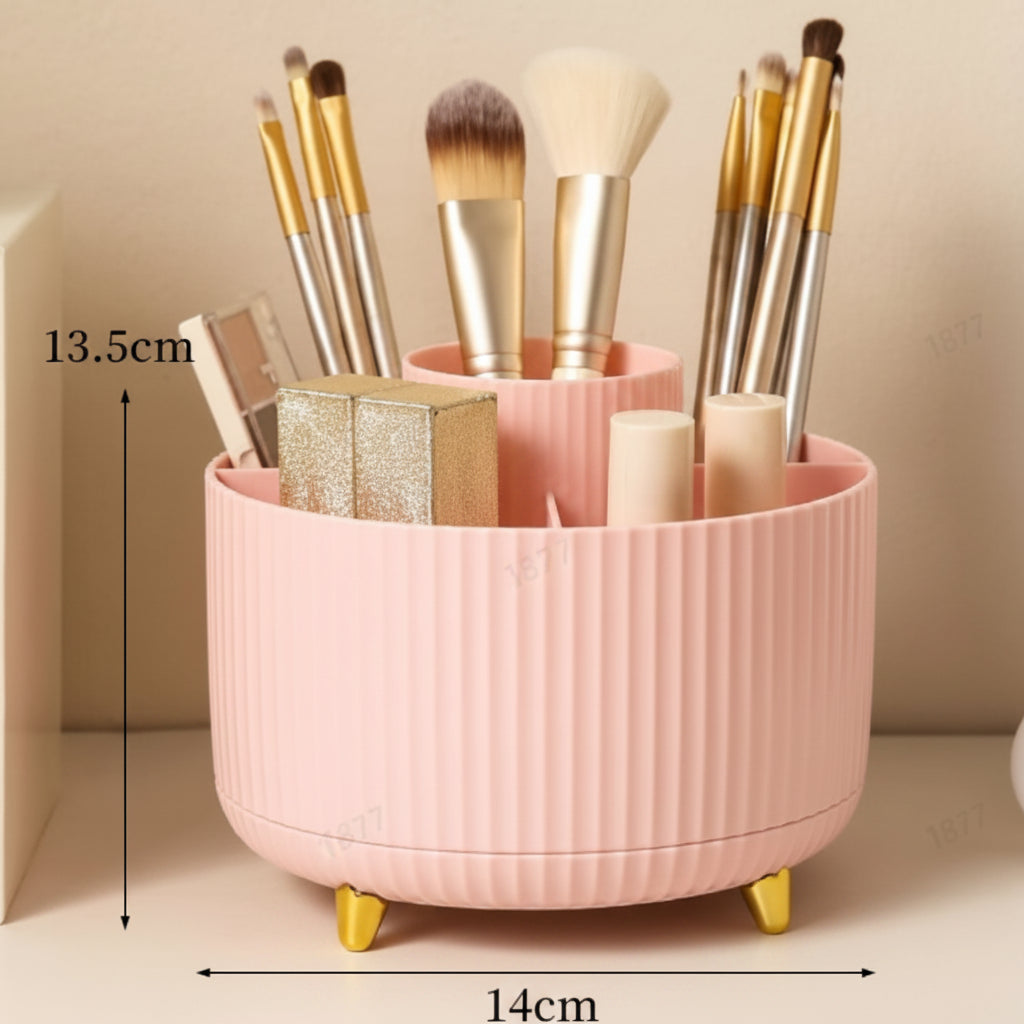 COSMETIC SPIN – Organisateur de maquillage rotatif à 360° avec rangement compact multi-emplacements pour pinceaux, cosmétiques et essentiels quotidiens