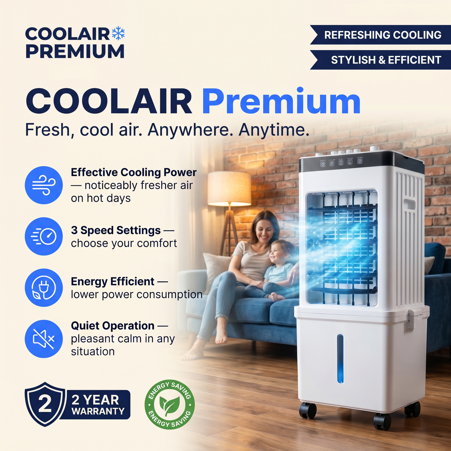 CoolAir Premium - 3-in-1 Portable Air for Cooling, Humidifying & Purifying