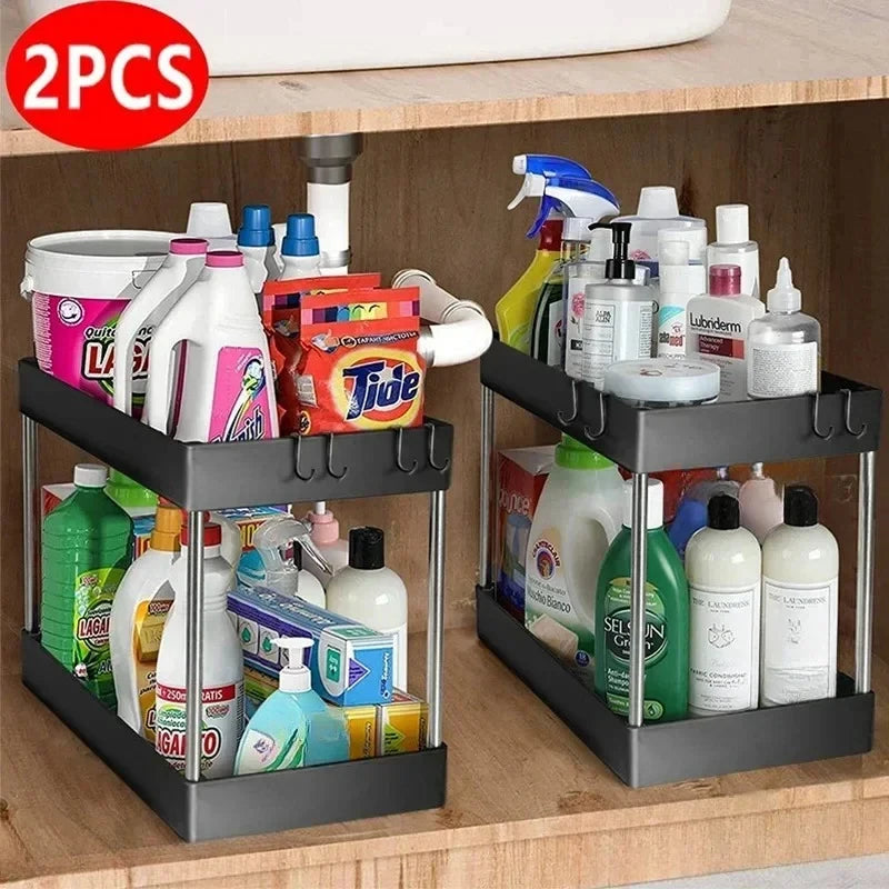 2-Tier Under Sink Organizer with Sliding Baskets & Hooks for Kitchen and Bathroom Storage 1