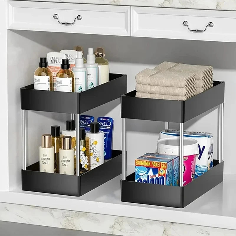 2-Tier Under Sink Organizer with Sliding Baskets & Hooks for Kitchen and Bathroom Storage 3