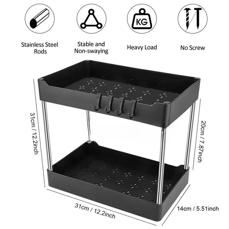 2-Tier Under Sink Organizer with Sliding Baskets & Hooks for Kitchen and Bathroom Storage 4