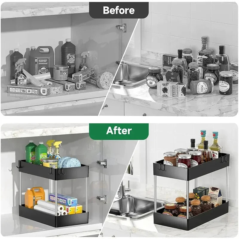 2-Tier Under Sink Organizer with Sliding Baskets & Hooks for Kitchen and Bathroom Storage 5