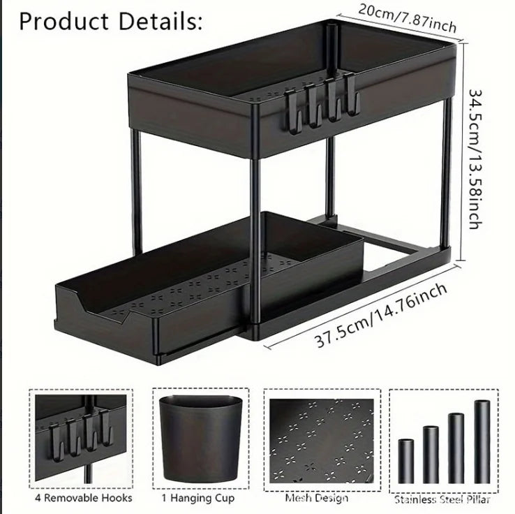 2-Tier Under Sink Organizer with Sliding Baskets & Hooks for Kitchen and Bathroom Storage 6