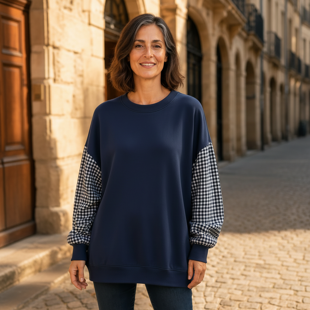 CHECKELLE – Lässiges Patchwork-Oberteil mit Rundhalsausschnitt