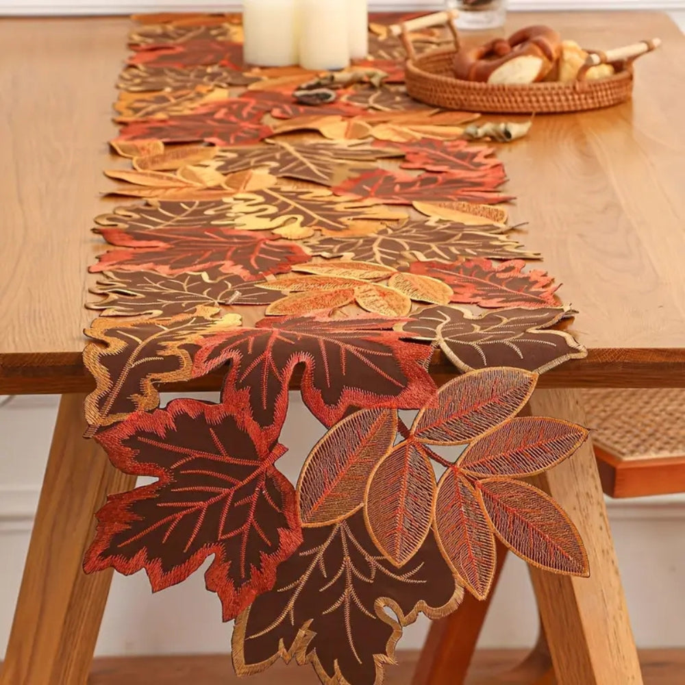 Autumn Leaves Table Runner - Elegant Embroidered Fall Dining Decor 0