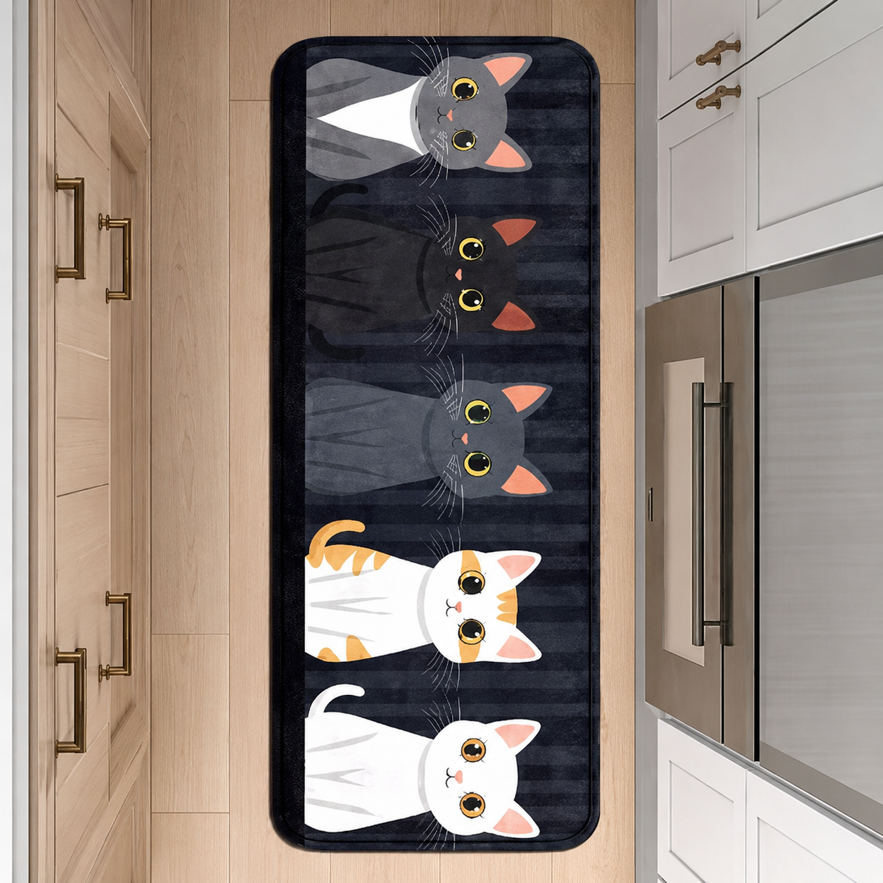 MEOWLIVA – Tapis de cuisine à rayures chat ludique pour espaces cosy