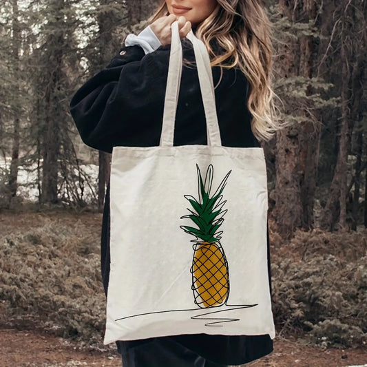 Chic Pineapple Print Canvas Tote Bag - Versatile Reusable Shoulder Bag 0