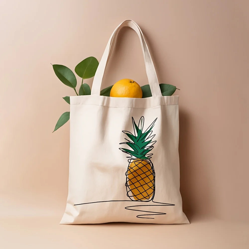 Chic Pineapple Print Canvas Tote Bag - Versatile Reusable Shoulder Bag 1