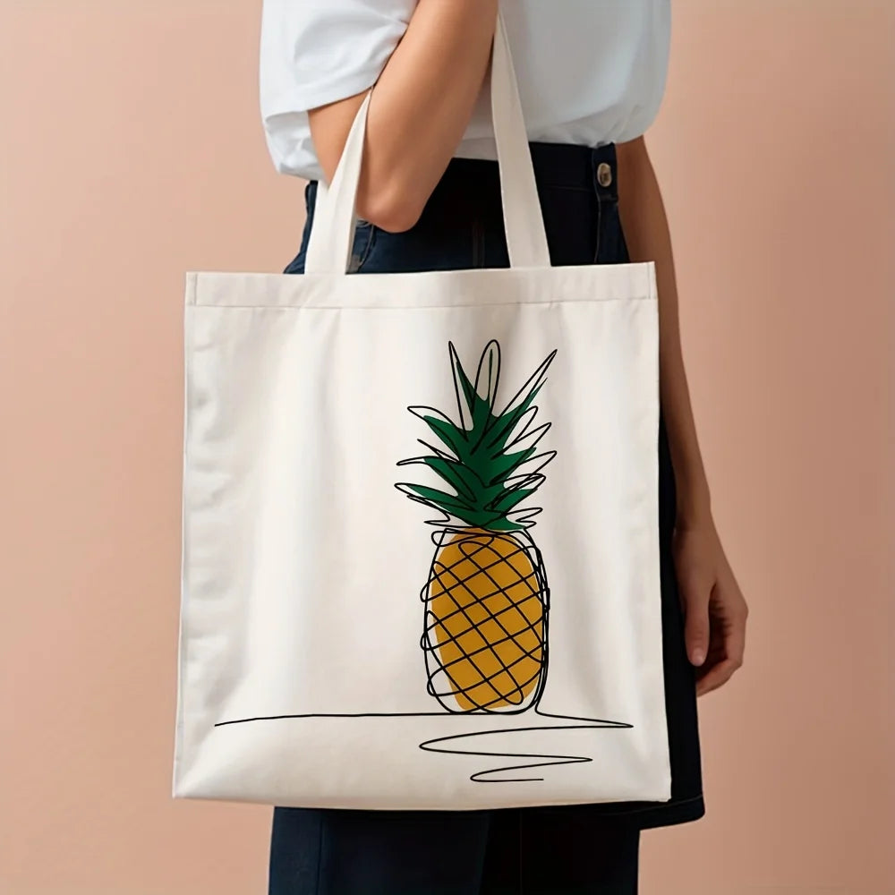Chic Pineapple Print Canvas Tote Bag - Versatile Reusable Shoulder Bag 3