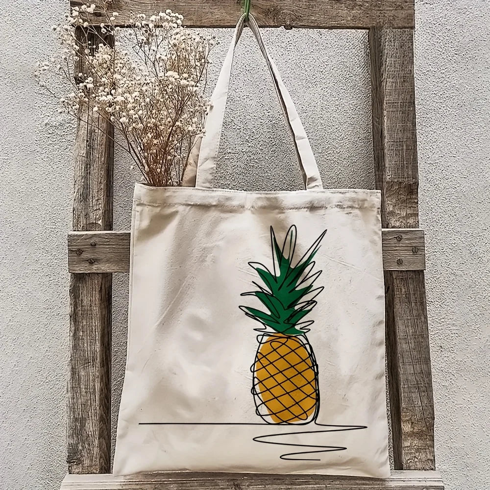 Chic Pineapple Print Canvas Tote Bag - Versatile Reusable Shoulder Bag 4