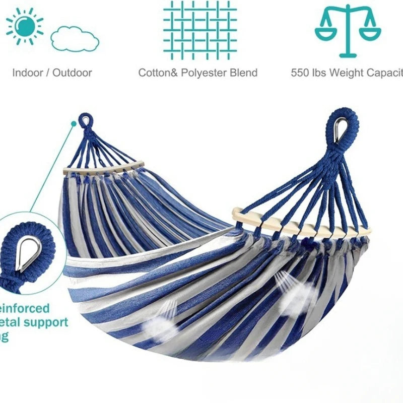 ComfortNest - Double Canvas Hammock with Curved Wooden Poles for Outdoor Relaxation 2