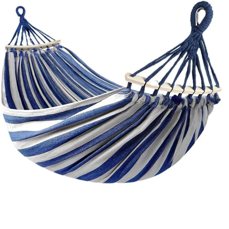 ComfortNest - Double Canvas Hammock with Curved Wooden Poles for Outdoor Relaxation 4