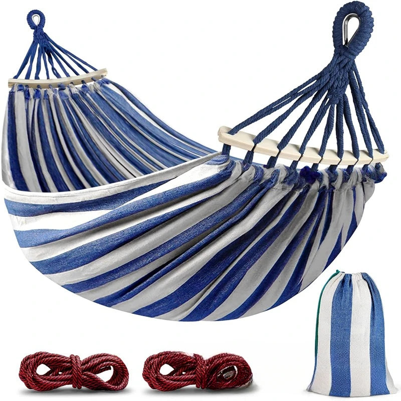 ComfortNest - Double Canvas Hammock with Curved Wooden Poles for Outdoor Relaxation 5