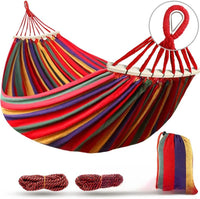 ComfortNest - Double Canvas Hammock with Curved Wooden Poles for Outdoor Relaxation 6