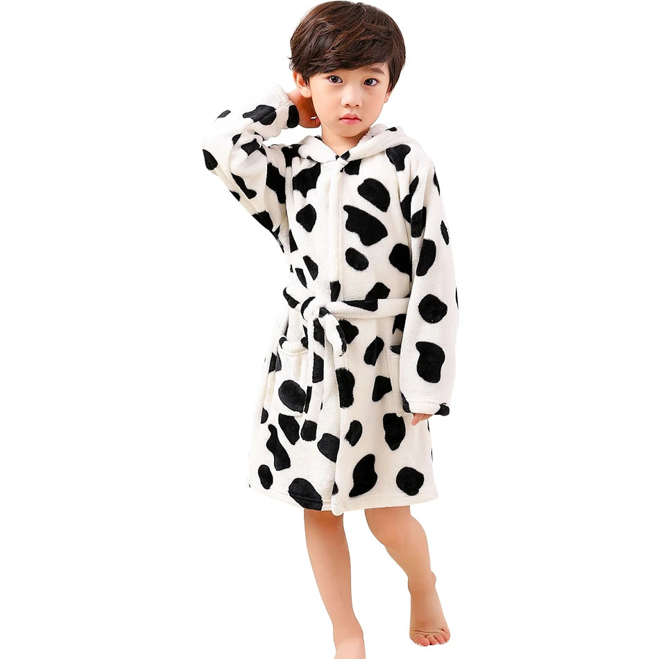 CozyKids - Hooded Flannel Bathrobe for Kids with Cartoon Print, Soft & Warm 14