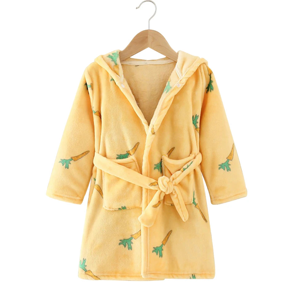 CozyKids - Hooded Flannel Bathrobe for Kids with Cartoon Print, Soft & Warm 18