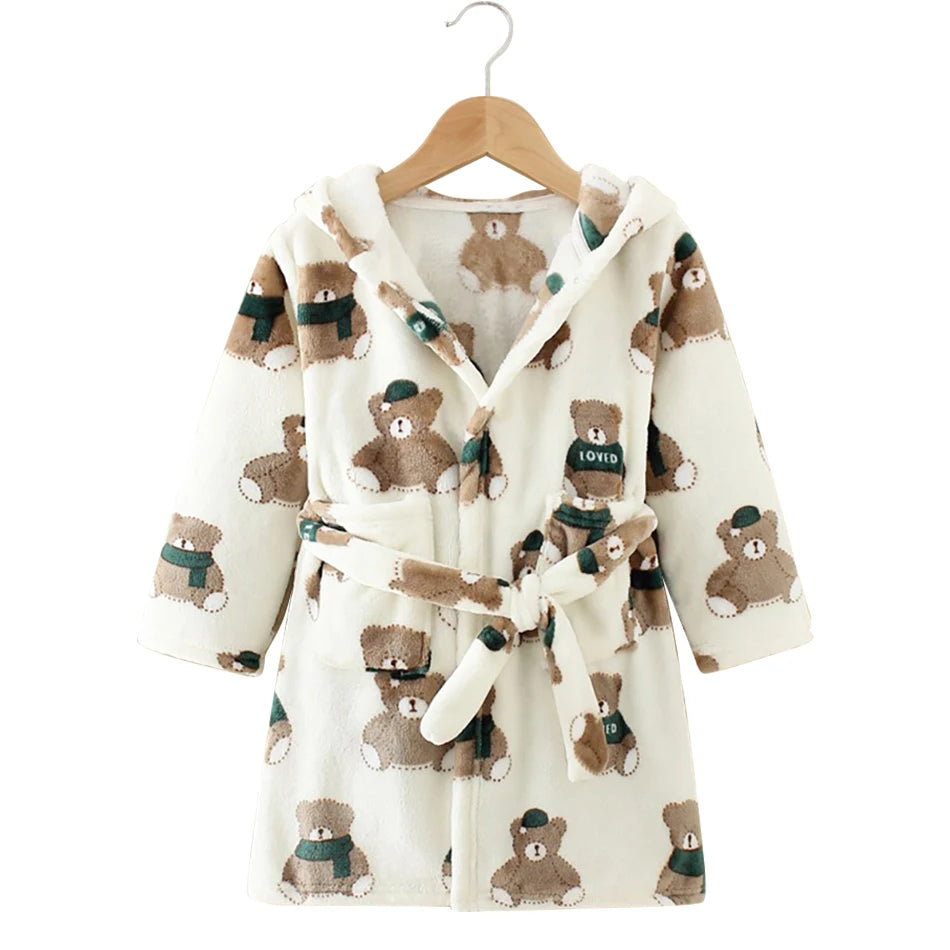 CozyKids - Hooded Flannel Bathrobe for Kids with Cartoon Print, Soft & Warm 7
