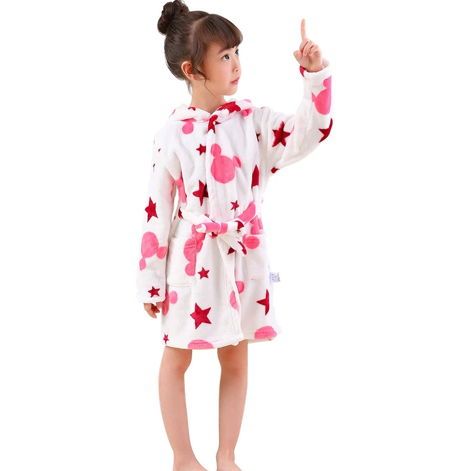 CozyKids - Hooded Flannel Bathrobe for Kids with Cartoon Print, Soft & Warm 8