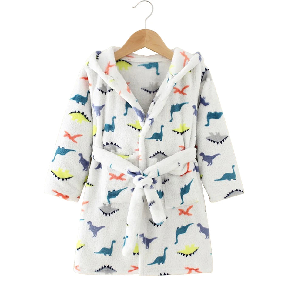 CozyKids - Hooded Flannel Bathrobe for Kids with Cartoon Print, Soft & Warm 9
