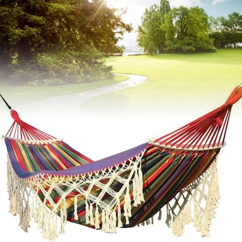 Cozy Canvas Double-Person Hammock - Portable Bohemian Outdoor Relaxation 0
