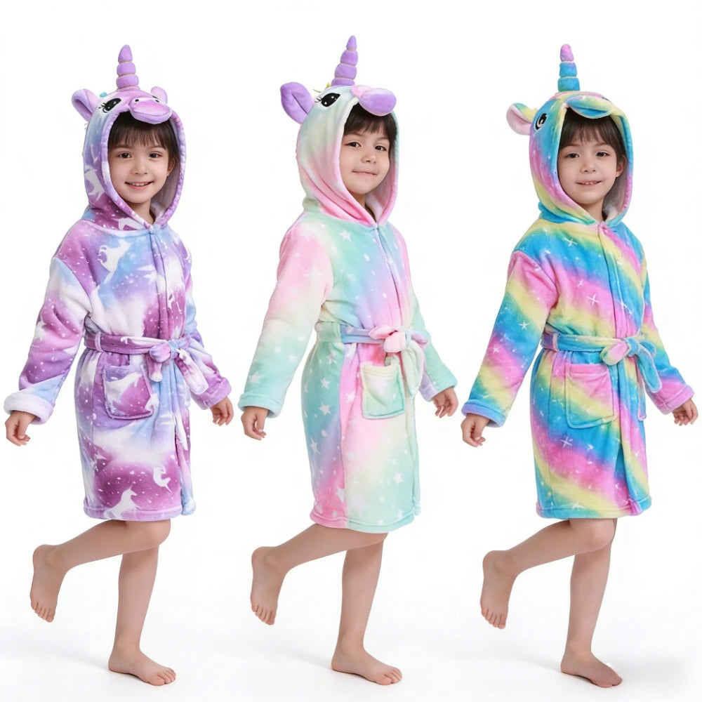 Cozy Unicorn Kids Robe - Soft Hooded Flannel Bathrobe for Children 0