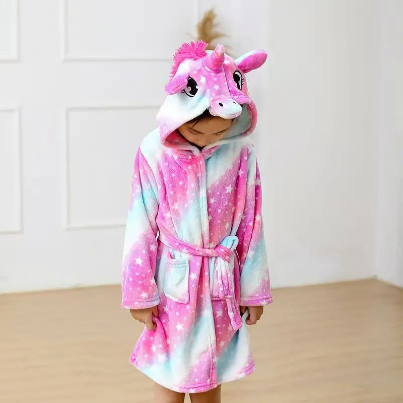 Cozy Unicorn Kids Robe - Soft Hooded Flannel Bathrobe for Children 4
