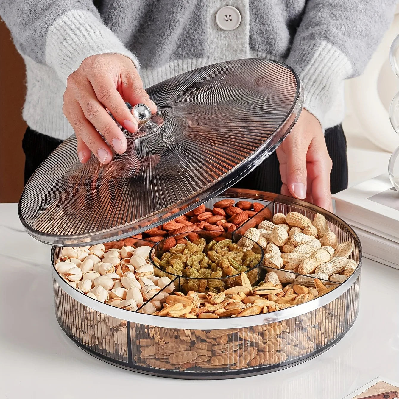 Divided Serving Tray with Lid - Durable Plastic Snack Organizer for Fruits & Nuts 1