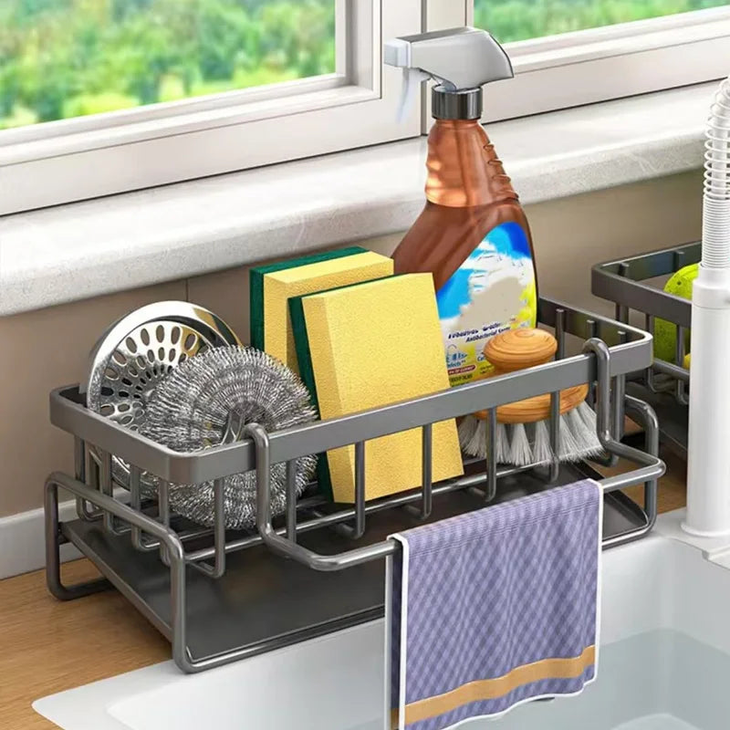 Durable Kitchen Sink Caddy Organizer - Rust-Resistant Metal Sponge Holder with Drain Tray 4