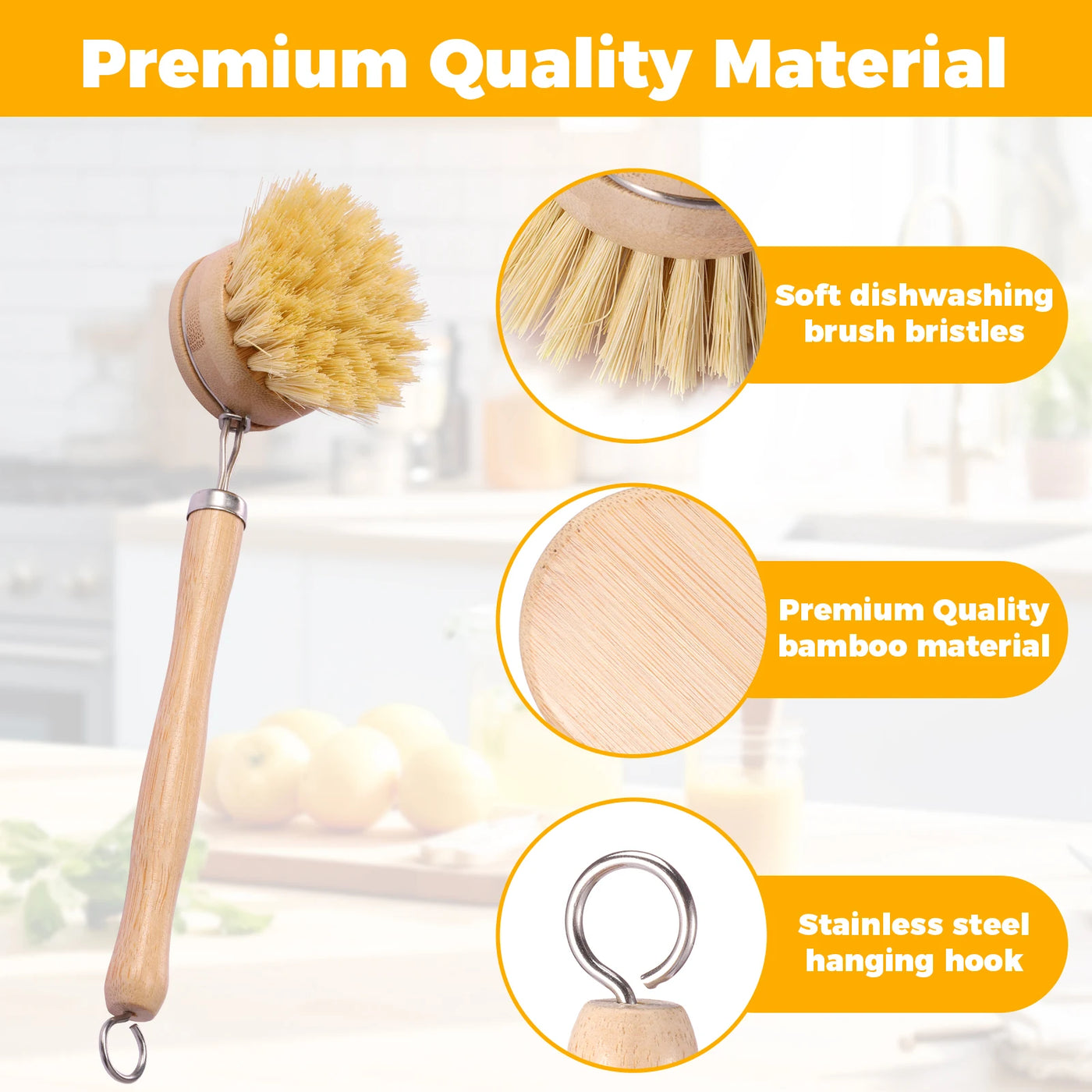 Eco-Friendly Bamboo Dish Brush Set - Versatile Kitchen Cleaning Utensils 3