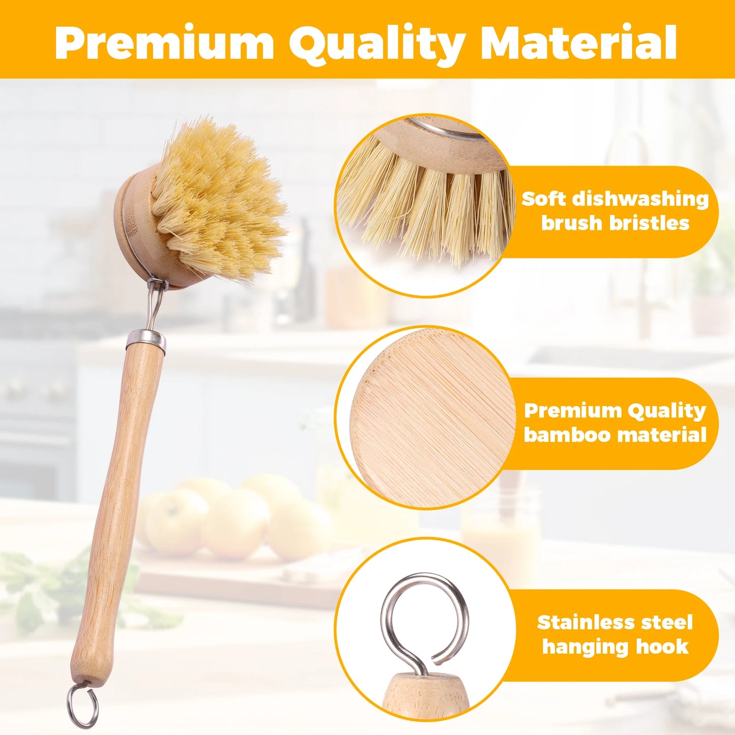 Eco-Friendly Bamboo Dish Brush Set - Versatile Kitchen Cleaning Utensils 3