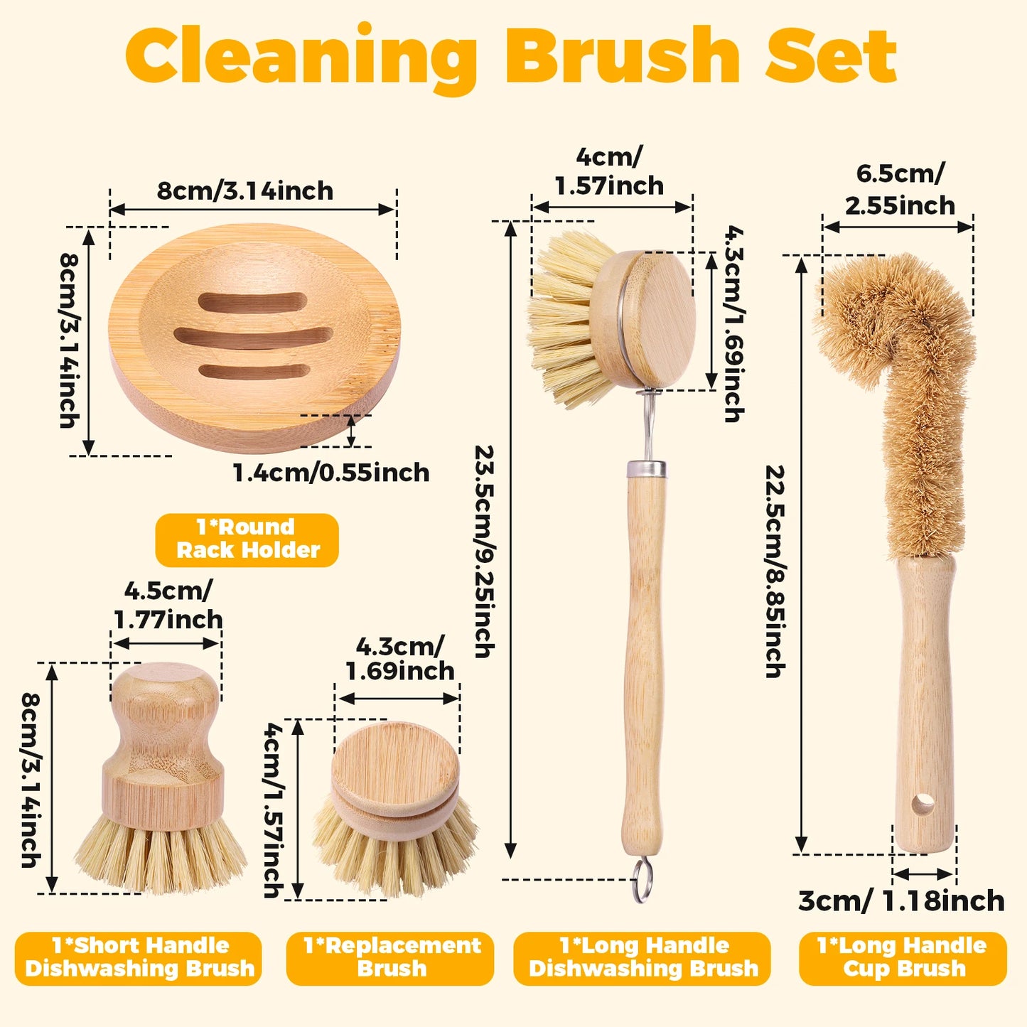 Eco-Friendly Bamboo Dish Brush Set - Versatile Kitchen Cleaning Utensils 5