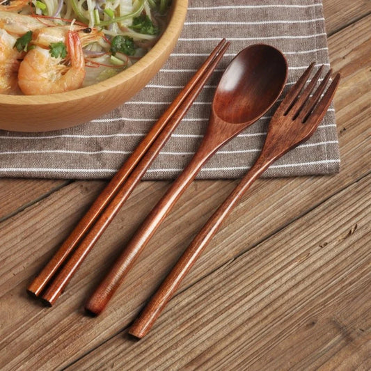 Eco-Friendly Wooden Cutlery Set - Portable Spoon, Fork & Chopsticks with Unique Design 0