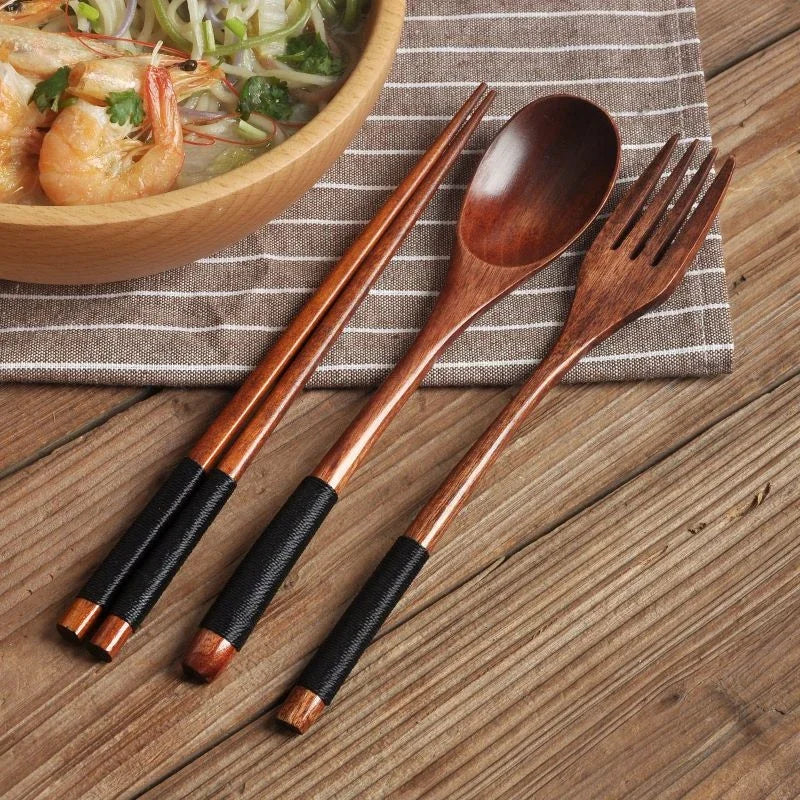 Eco-Friendly Wooden Cutlery Set - Portable Spoon, Fork & Chopsticks with Unique Design 1