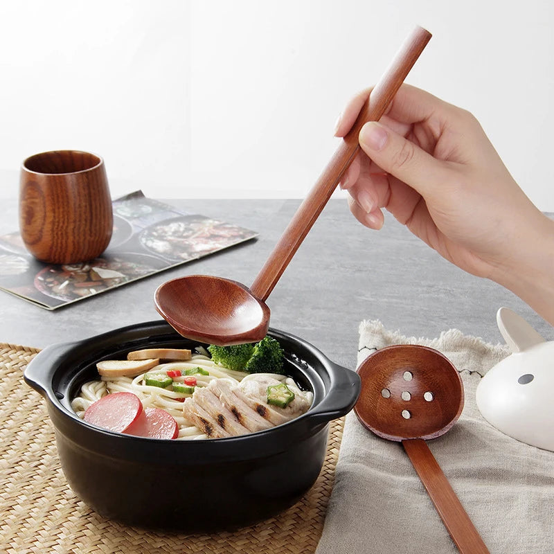 Eco-Friendly Wooden Soup Spoon Set - Durable Ramen & Hot Pot Utensils 3