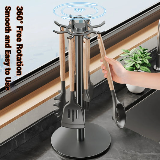 Efficient Kitchen Utensil Holder - Rotating Utensil Organizer with 8 Hooks 0