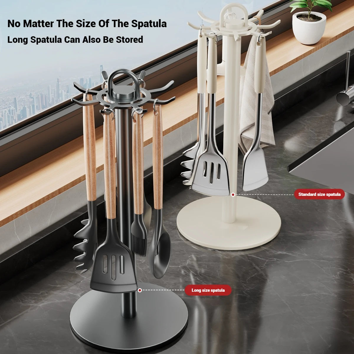 Efficient Kitchen Utensil Holder - Rotating Utensil Organizer with 8 Hooks 1