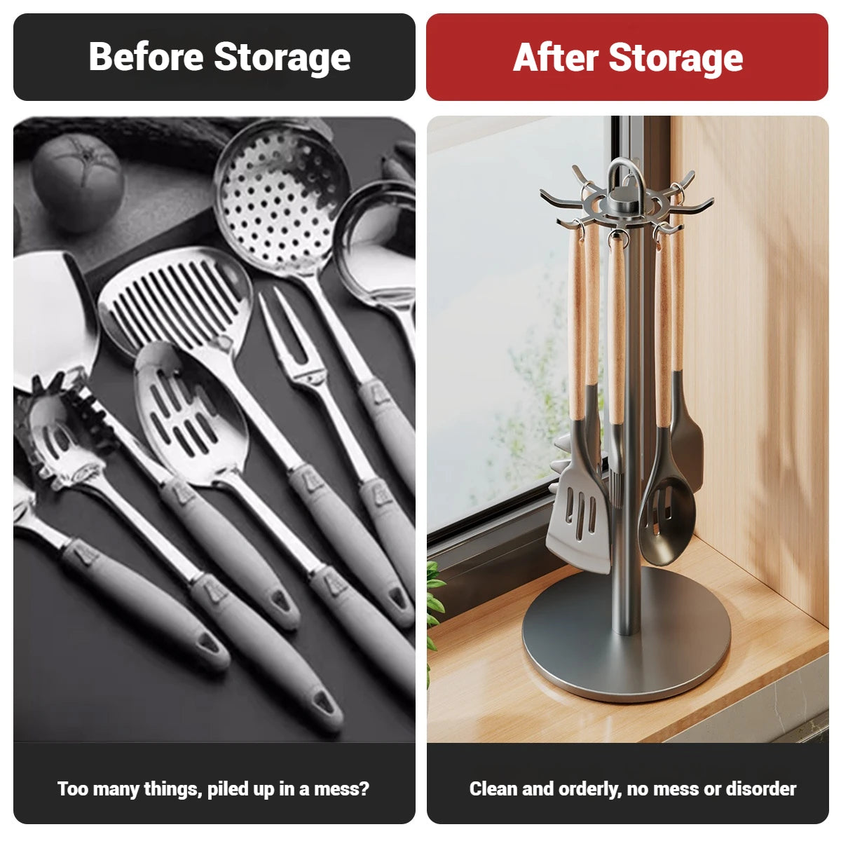 Efficient Kitchen Utensil Holder - Rotating Utensil Organizer with 8 Hooks 2