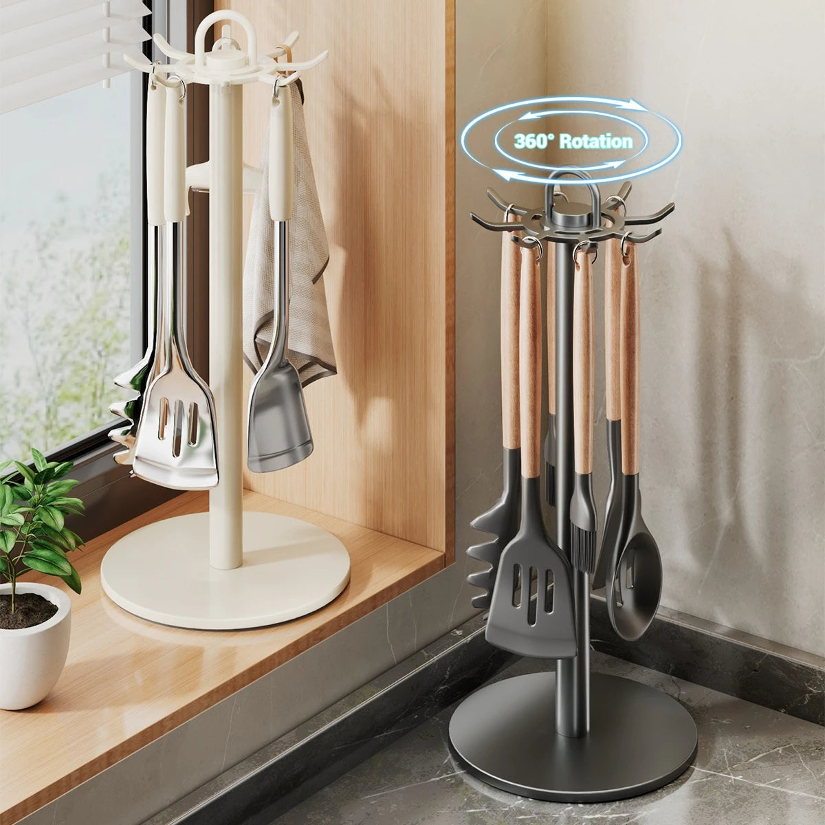 Efficient Kitchen Utensil Holder - Rotating Utensil Organizer with 8 Hooks 4