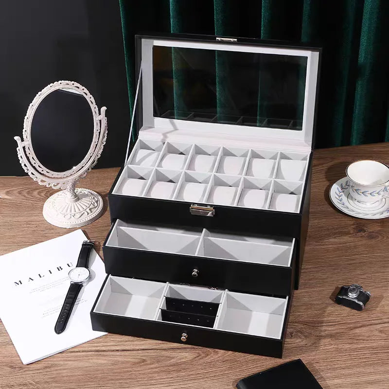 Elegant 3-Layer Watch Organizer Box for Men - PU Leather Storage for Watches and Jewelry 3