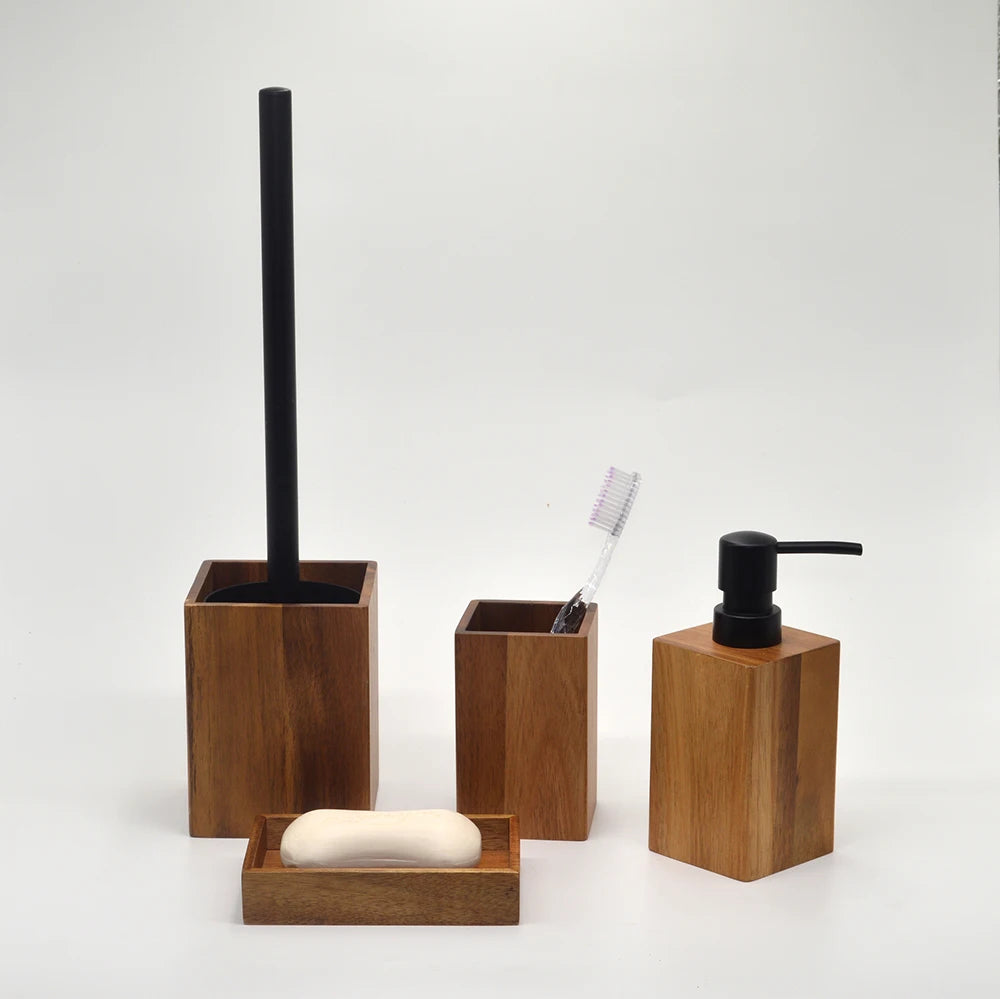 Elegant Acacia Wood Bathroom Accessories Set - Soap Dispenser, Toothbrush Holder, Soap Dish 0